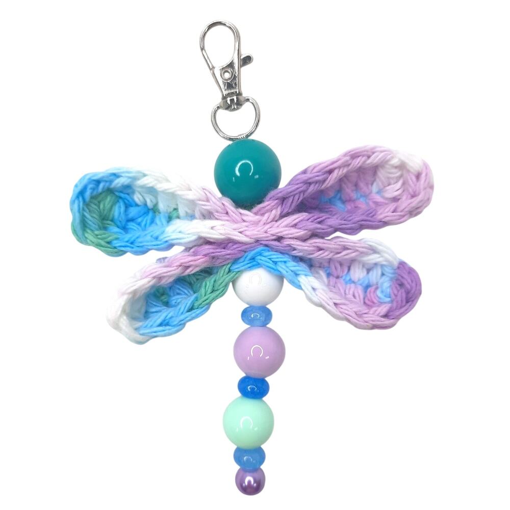 Handmade Crochet Dragonfly Bag Charm Purple Green White Beaded Purse Keychain